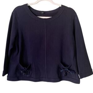 Lafayette 148 | Boxy Cropped Sweatshirt Bow Pockets Navy Blue Cotton Medium